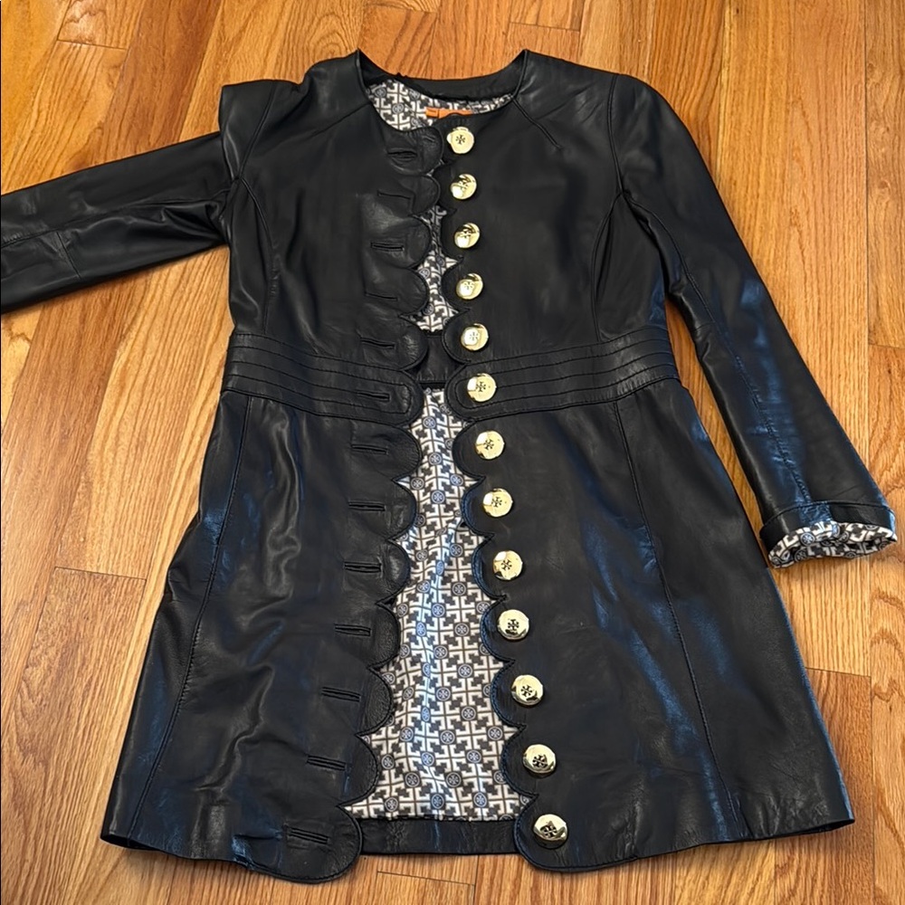 TORY BURCH - Black Leather Coat with Gold Buttons